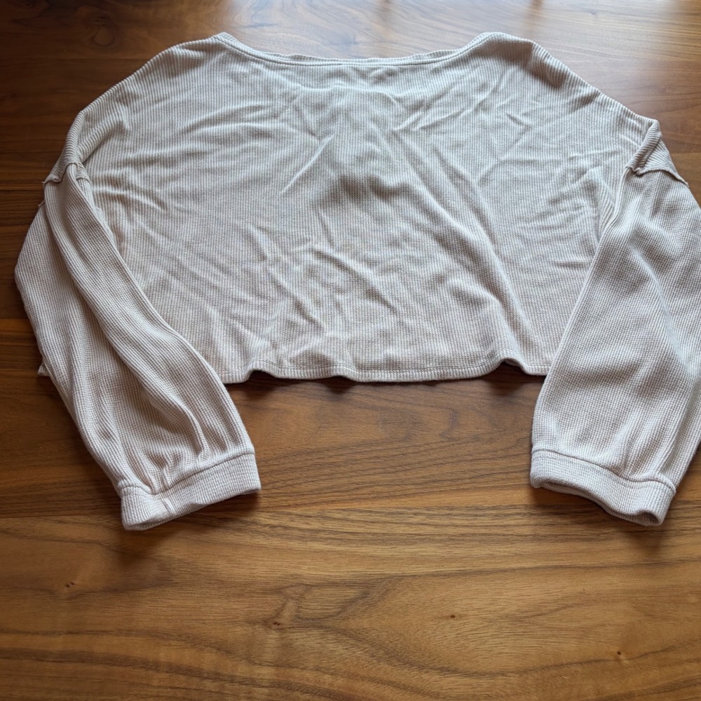 Sophie Rue Henley Top Womens Medium Beige Waffle Knit Crop Long Sleeve Casual - Picture 4 of 8